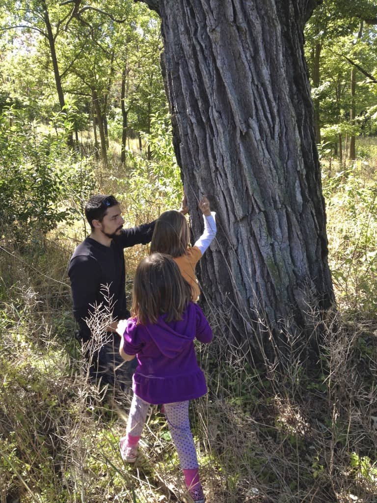 2 girls and their dad examining the bark of a tree.