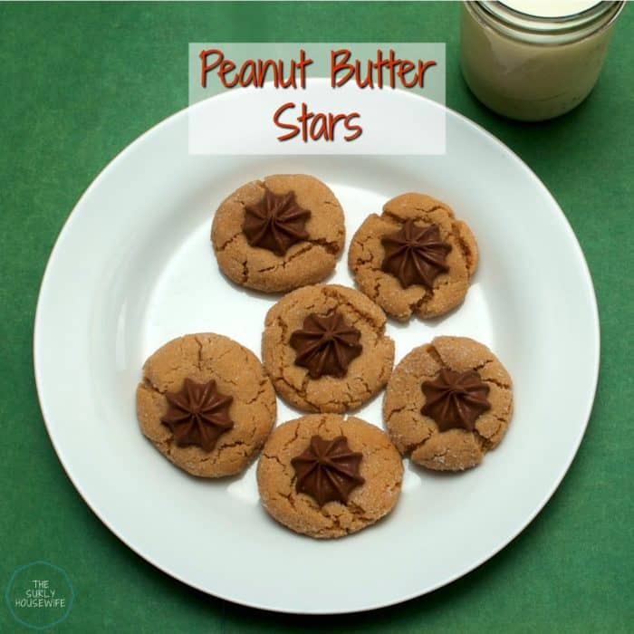 Peanut butter star cookies on a white plate. Title image for blog post: the best peanut butter star cookies