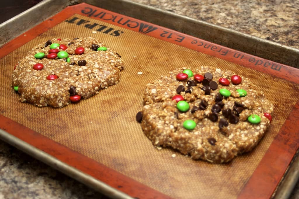 monster cookies on baking sheet