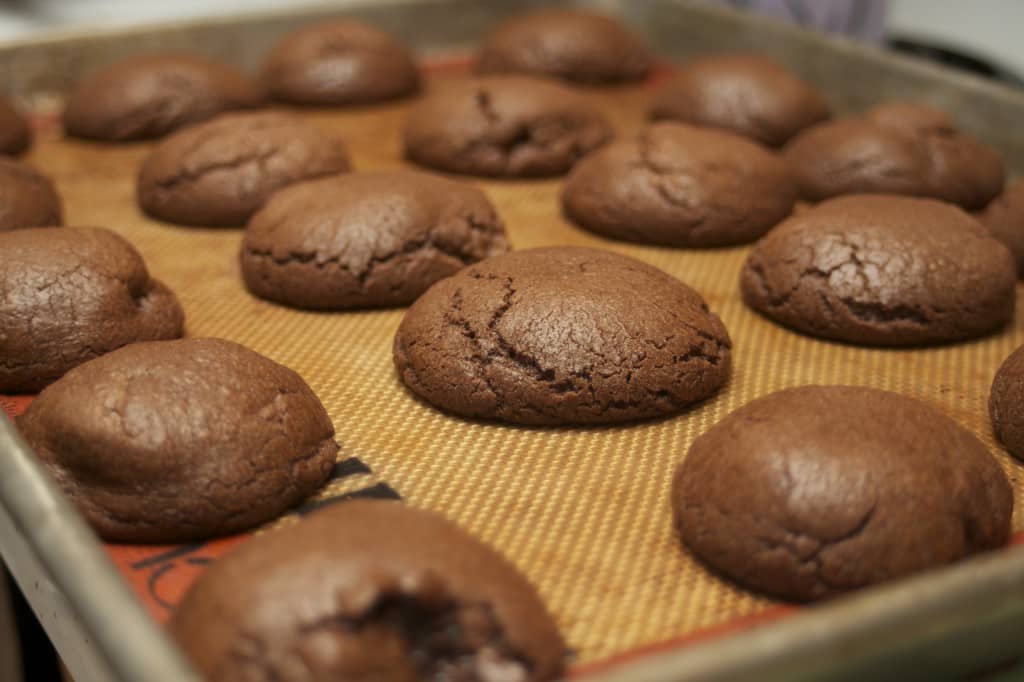 Peppermint Chocolate Cookies on baking sheet after baking