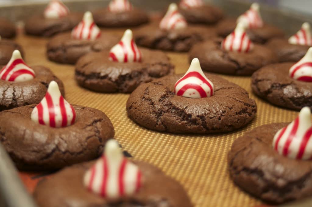 Chocolate Peppermint Cookies with a candy cane kiss.