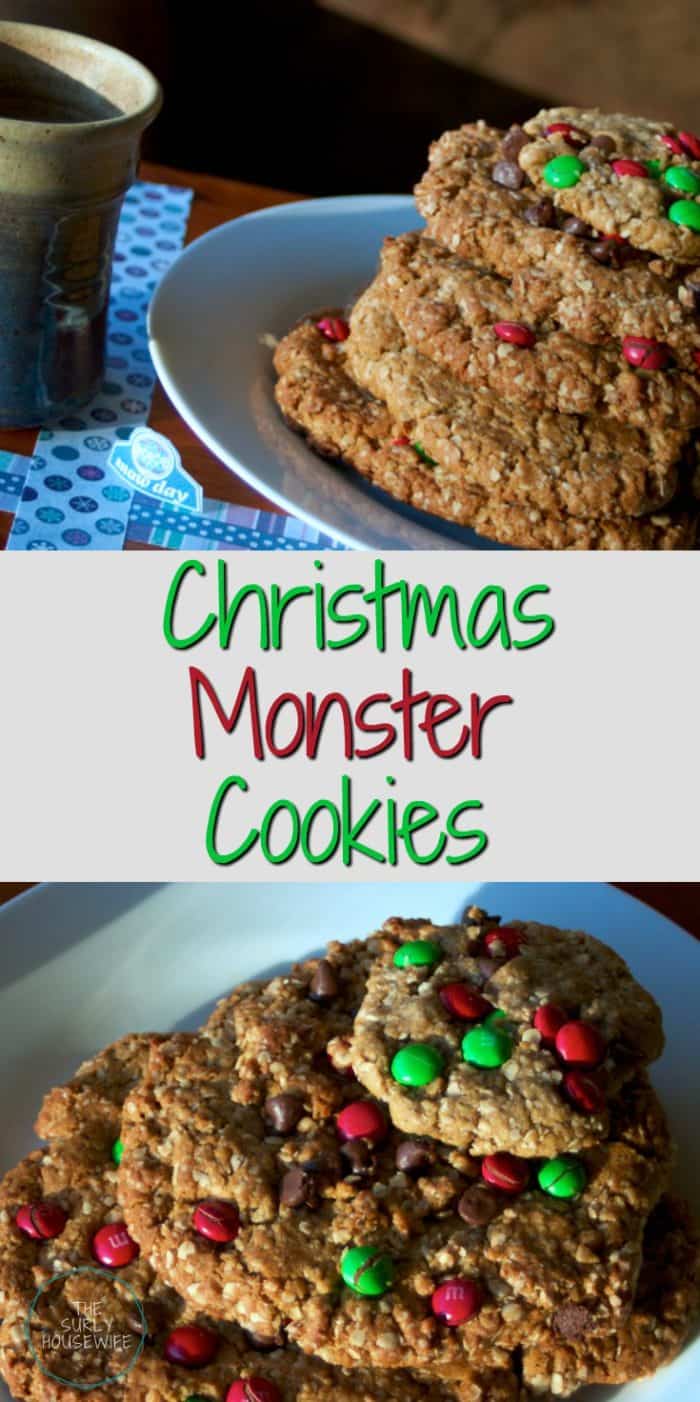 Monster cookies aren't your traditional Christmas cookies, but the addition of holiday colors will get this easy cookie recipe in the holiday spirit.