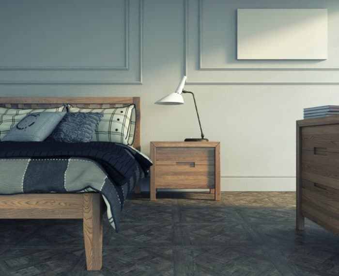modern bedroom in wood with art