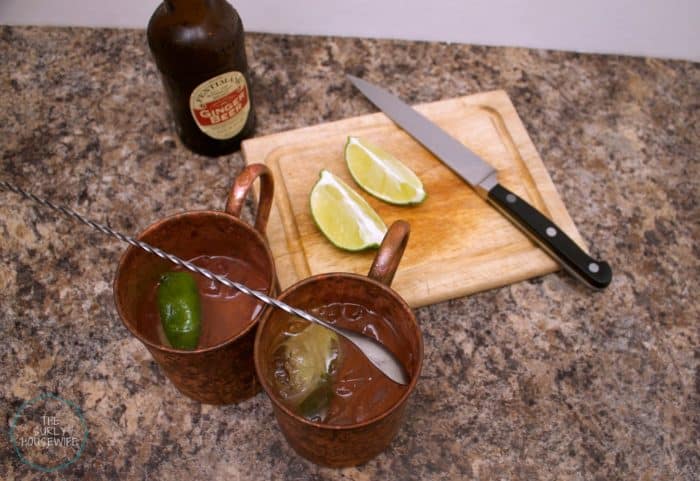 Prepared Moscow mule with limes and ginger beer