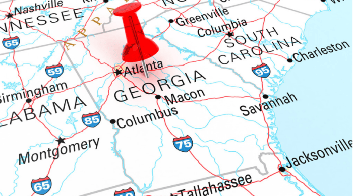 map of Georgia with a red pin in it