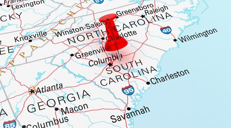 Map of South Carolina with red pin in the capital
