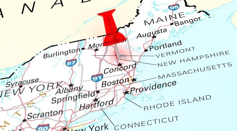 Map of New Hampshire with red pin in the capital