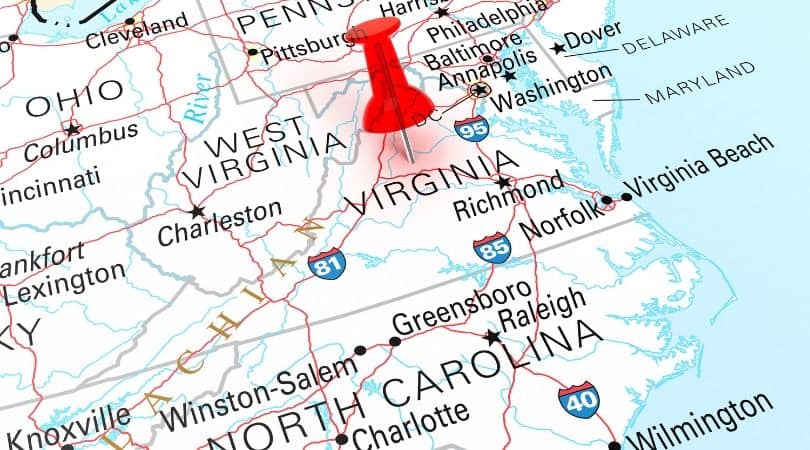 Map of Virginia with a red pin in it.