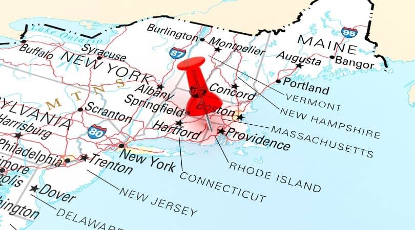 Map of New England. Red pin in Providence, Rhode Island