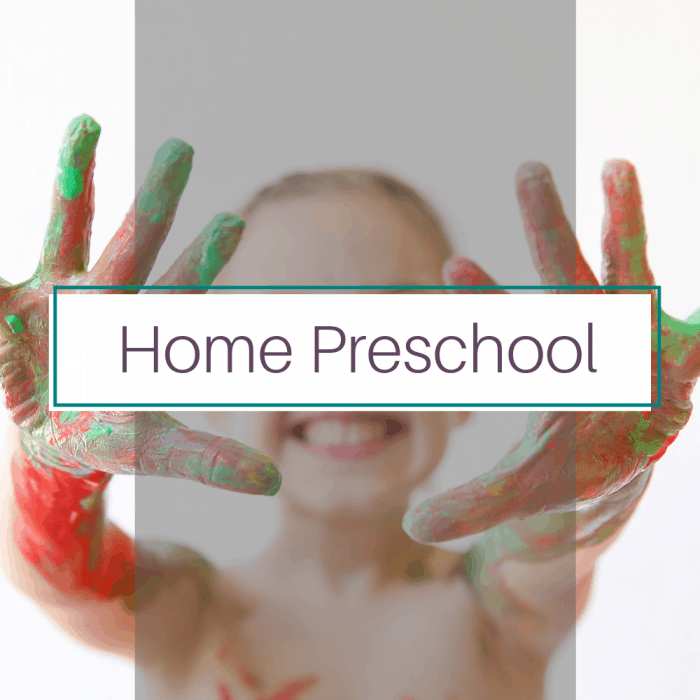 Girl with paint on hands. Title image for home preschool blog posts. 