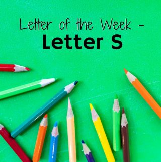 Colored pencils on a green background. Title image for blog post "Letter S activities for home preschool."