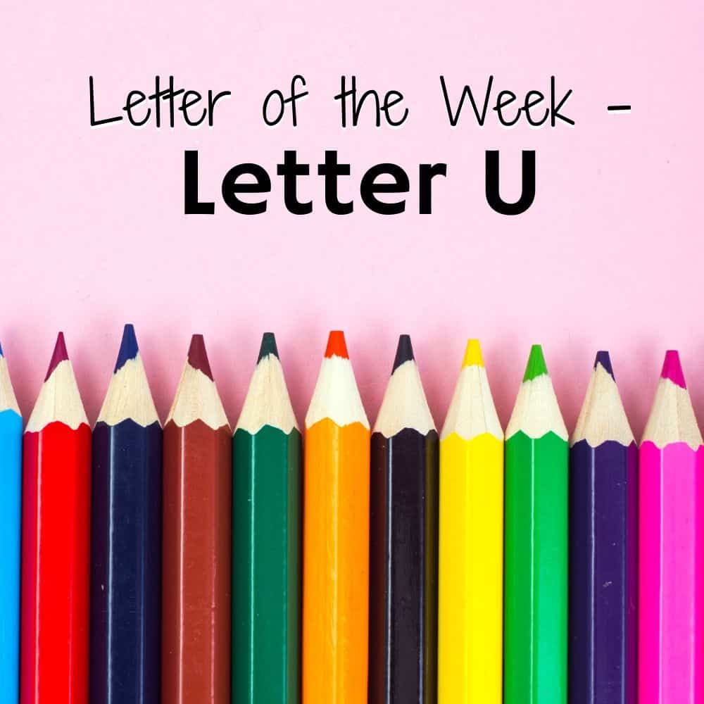 Colored pencils on a pink background. Title image for Letter U Activities for Home preschool