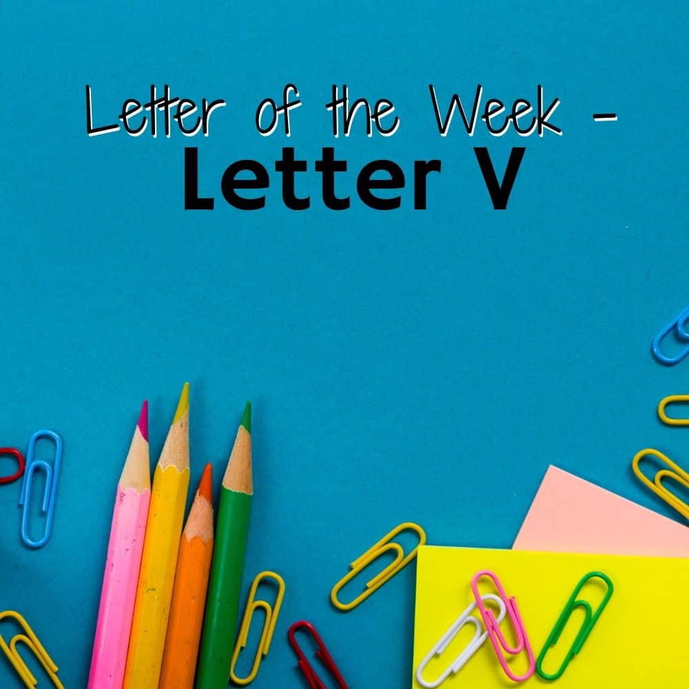 School supplies on a blue background. Title image for Letter V activities for home preschool. 