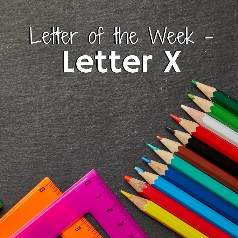 school supplies on a black background. Title image for Letter X activities