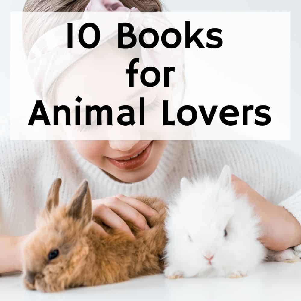 girl with 2 small bunnies. title image for 10 animal fiction books for kids