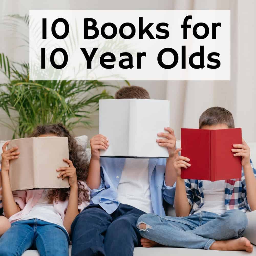 kids reading books that are covering their faces. Title image for blog post 10 books for 10 year olds