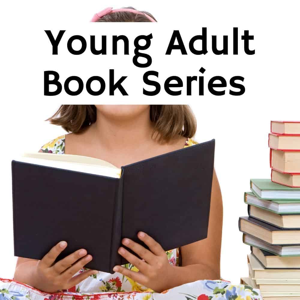 young girl reading a book next to a stack of book. Title image for blog post young adult book series for kids