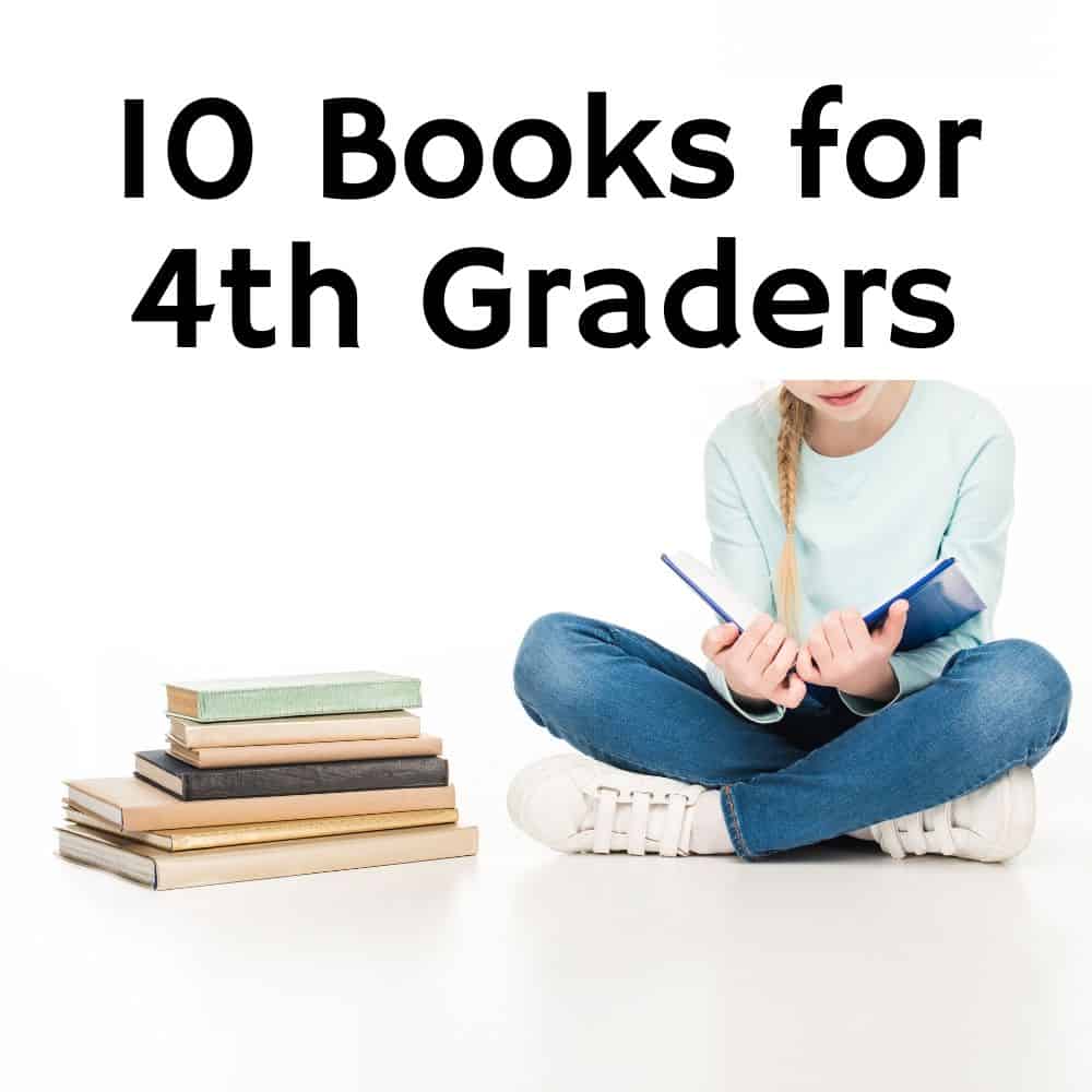 A girl reading a book sitting next to a stack of other books. Title image for blog post 10 books for 4th graders