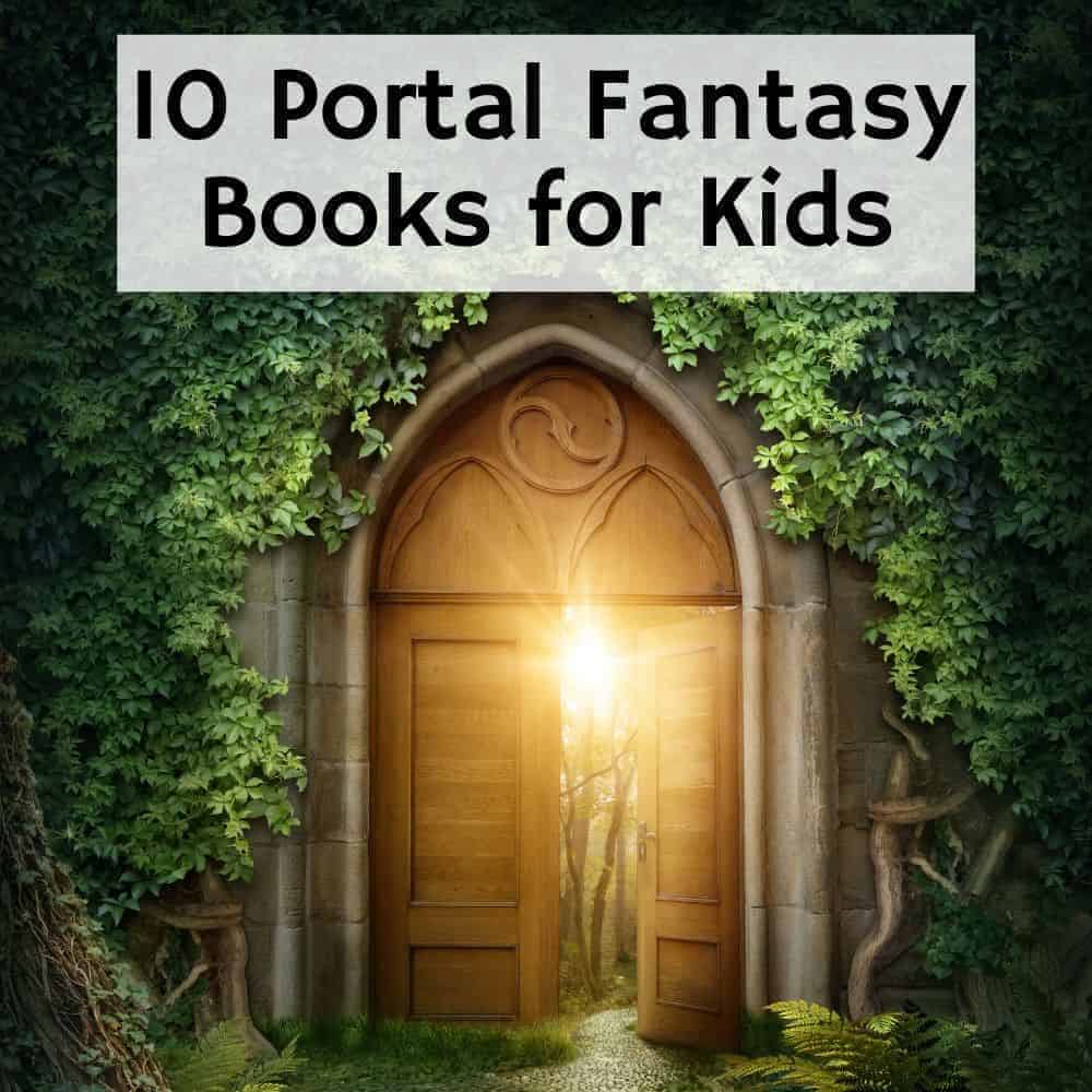 ornate wooden door to another world. Title image for blog post 10 portal fantasy books for kids