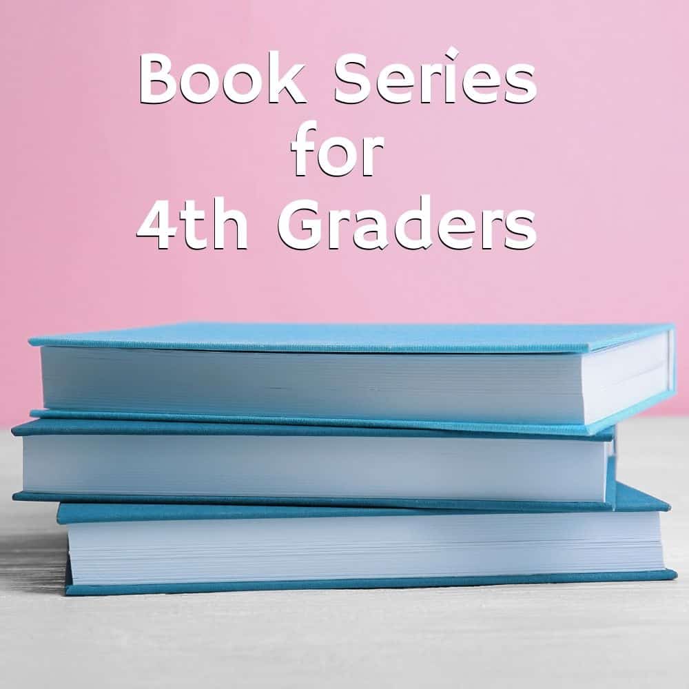 stack of blue books with pink background. Title Image for blog post 4th grade book series