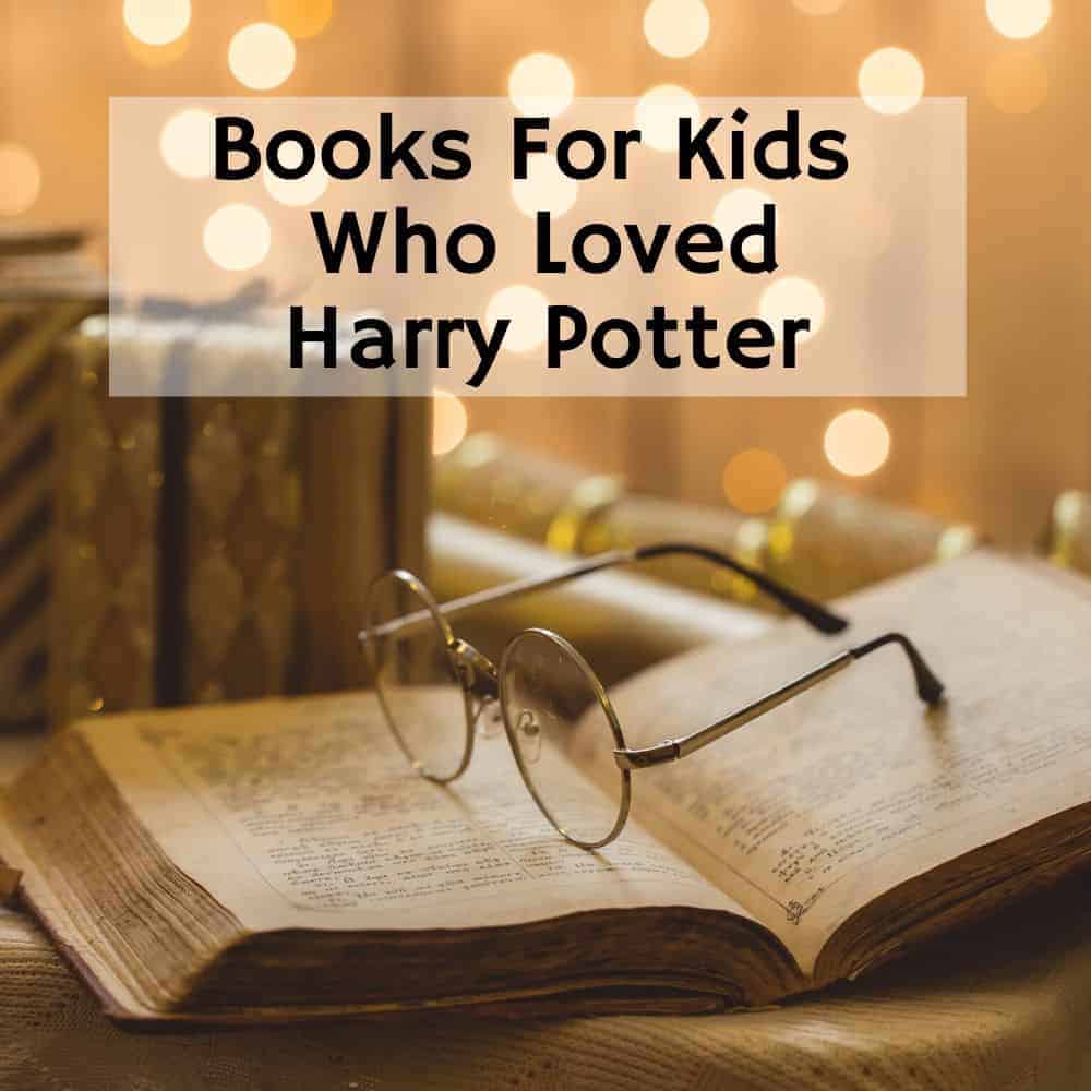 Wire rimmed glasses on an old book. Title image for blog post books like Harry Potter