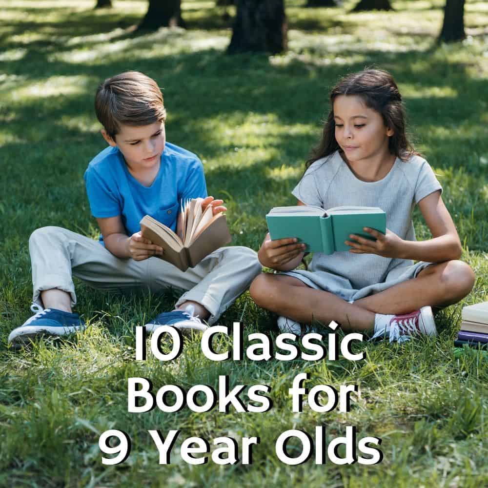 a girl and a boy sitting on the grass reading. Title image of blog post 10 classic books for 9 year olds