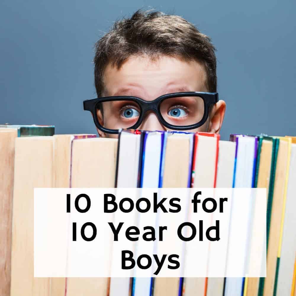 boy with glasses peaking over a stack of books. Title image for blog post 10 books for 10 year old boys