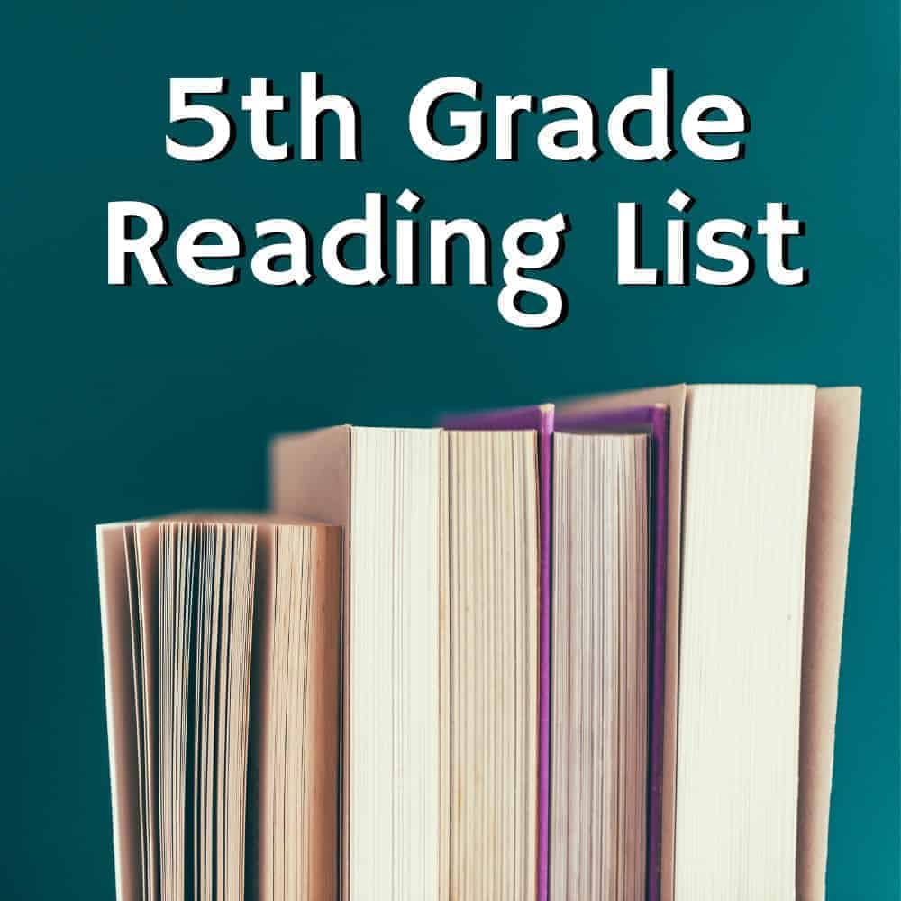 books on a blue background. title image for blog post: 5th Grade Reading list