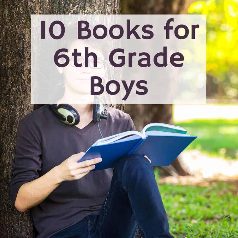 tween boy reading in front of a tree. title image of blog post 10 books for 6th grade boys