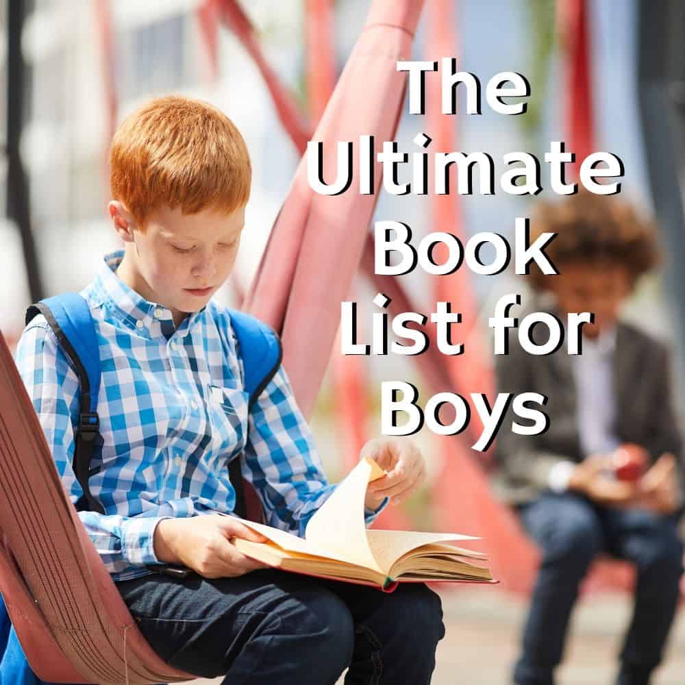 boy sitting and reading on the school playground. Title image of blog post: the ultimate book list for boys