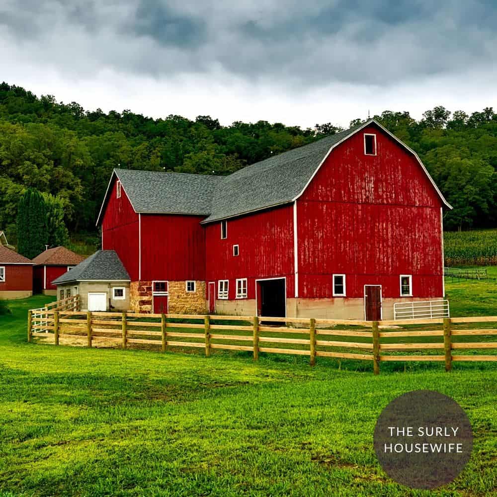 Red barn in front of a wooded area. title image of blog post: 10 Charlotte's Web Discussion Questions