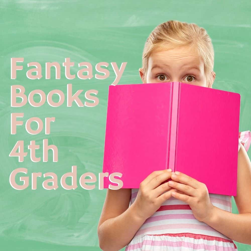 girl peeking from behind a pink book. Title image for blog post: 10 fantasy books for 4th grade. 