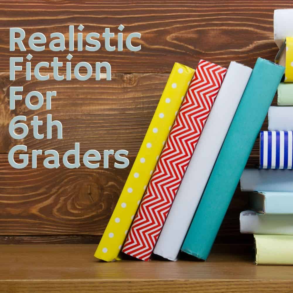 Stack of books with a wooden background. Title image for blog post: 10 realistic fiction books for 6th graders