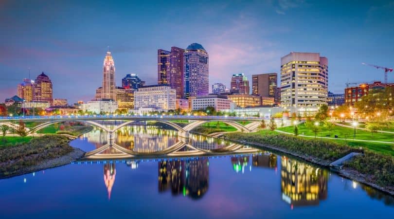 Nighttime view of the Columbus, Ohio riverfront