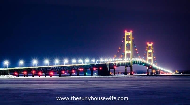 Mackinac bridge at night, in winter