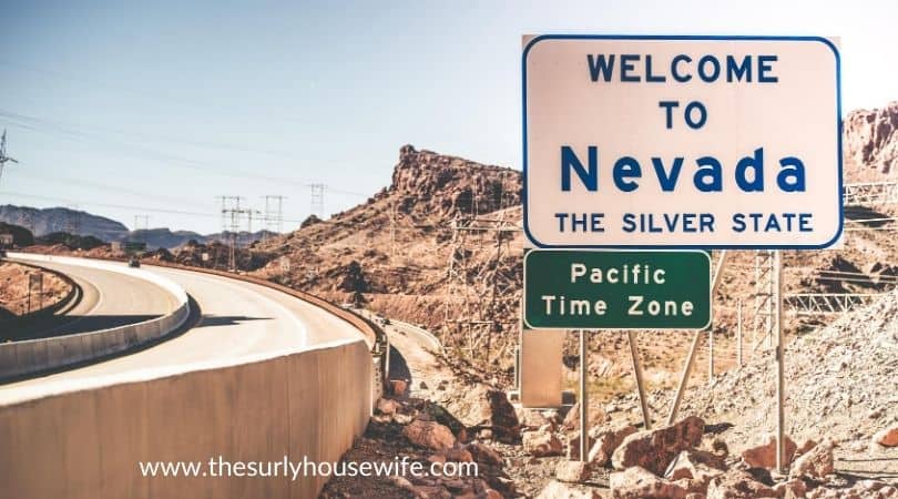 Welcome to Nevada. Highway welcome sign. Title image of blog post 20 children's books about Nevada.