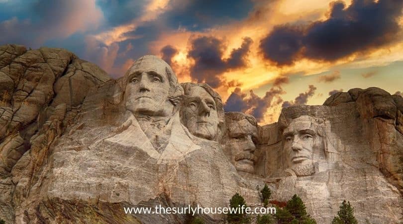 Mount Rushmore at sunset. Title image of blog post 20 children's books about South Dakota