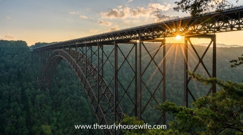 Sunset at the New River Gorge Bridge in West Virginia. Title image of blog post children's books about West Virginia