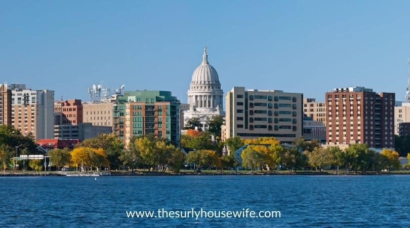 Lake front of Madison, Wisconsin with a view of the capital building