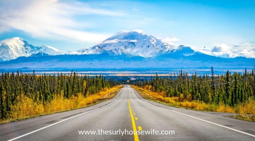 Alaska road with mountain and blue sky. Title image for blog post, 20 children's books about Alaksa