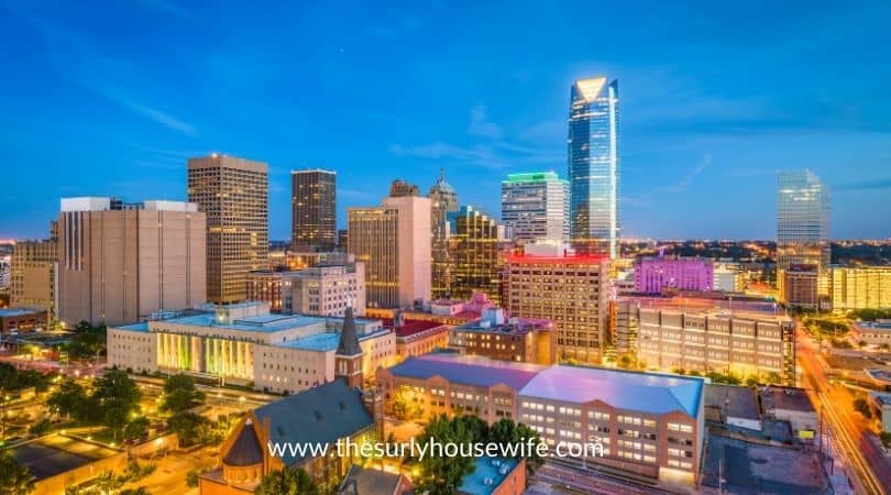 Oklahoma City skyline at sunset.