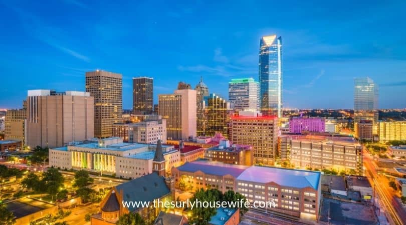 Oklahoma City skyline at sunset. 