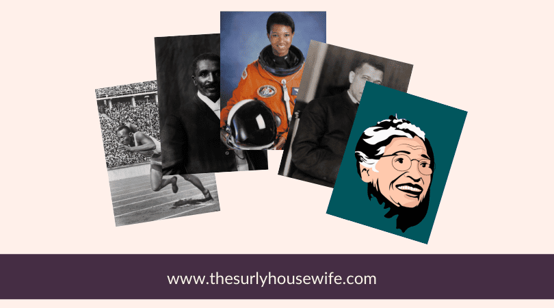 Collage of Jesse Owens, George Washington Carver, Mae Jemison, Booker T. Washington, and Rosa Parks for blog post children's books about famous Alabamians. 